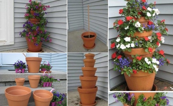 Place the pot in the location where you want your flowers. Fill the pots with moist soil (be aware that your tower will be hefty when finished). Place the rod in the center and top with another pot. Continue until you get your tower. All that remains is to add the flowers.