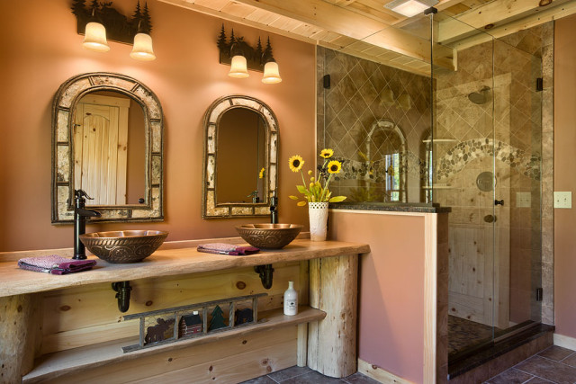 Interior, horizontal, upper level guest bathroom toward vanity and shower, Rosenfeld residence, Franconia, New Hampshire; Coventry Log Homes