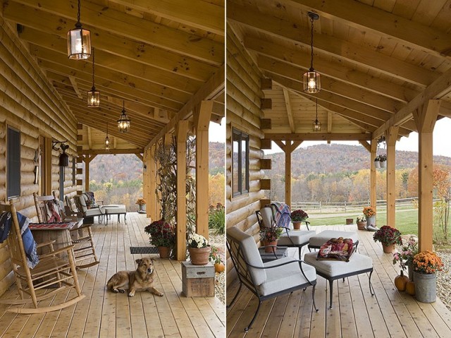 Exterior, vertical, front porch with dog looking out to mountains with fall color, Hofmann residence, Pike, New Hampshire, Coventry Log Homes