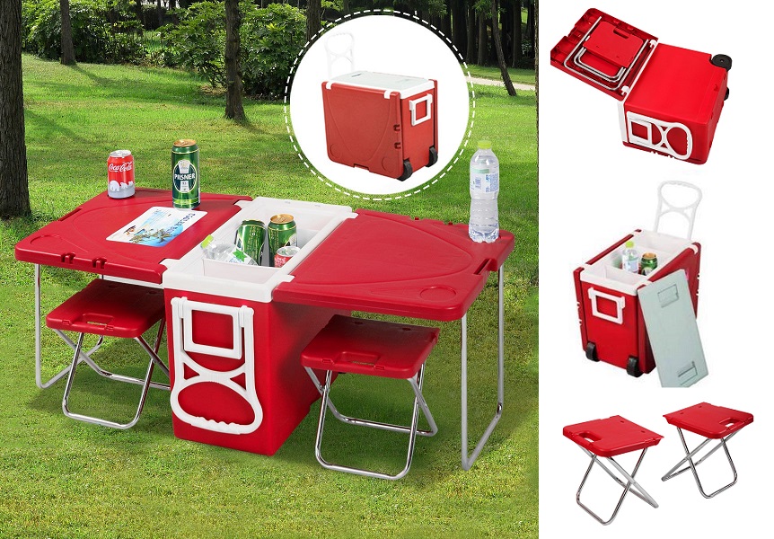ZOFFYAL Rolling Cooler Picnic Camping Outdoor with Table & 2 Chairs 