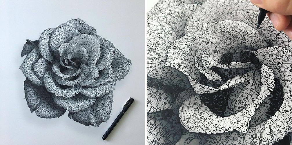 People Drawing Roses Artist Draws Intricate Rose Made of Thousands of Tiny “Lost Souls ...